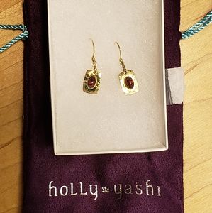 Holly Yashi petite gold earrings, garnet crystal